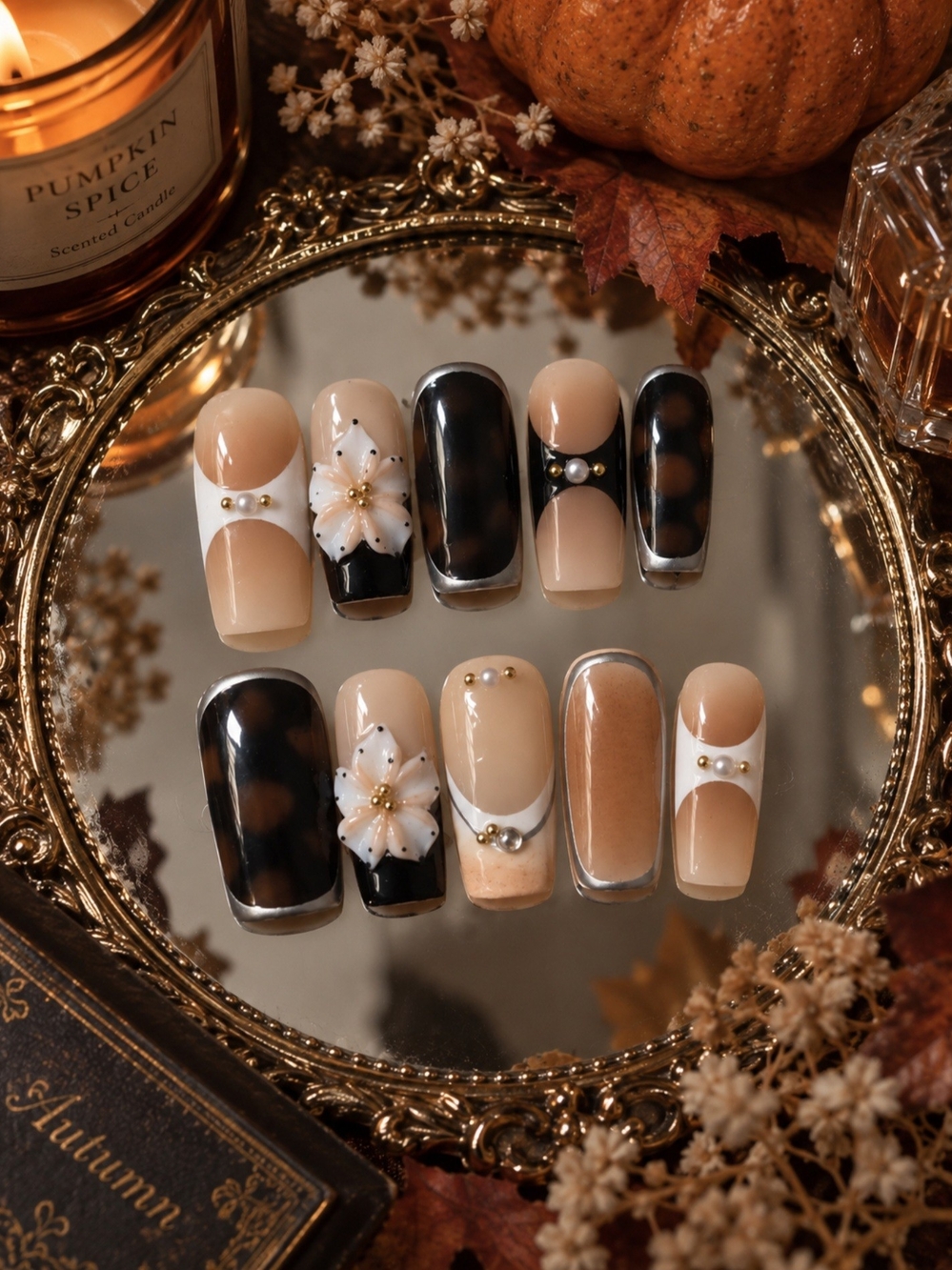 Neutral Beige & Black Floral Press-On Nail Set
